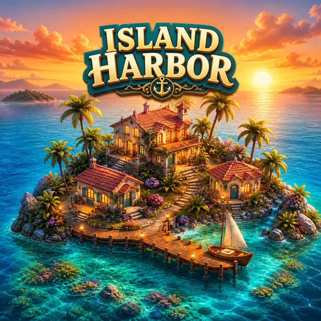 Island Harbor square promotional artwork with a tropical island, turquoise lagoon and warm sunset colors