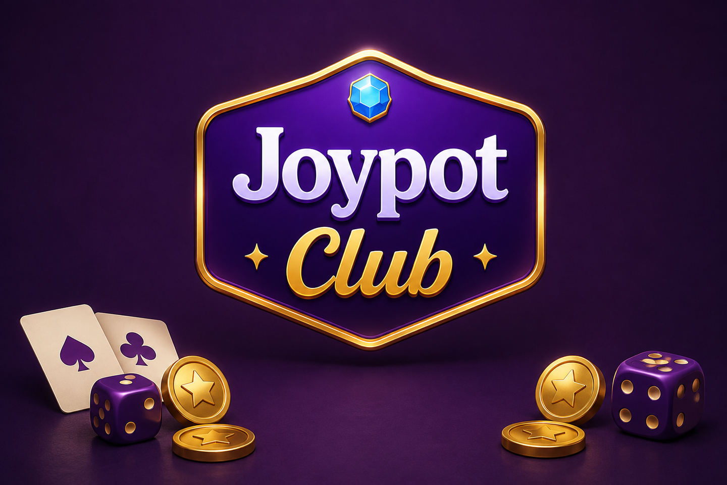 Joypot Club purple and gold emblem surrounded by playing cards and virtual game tokens; brand concept artwork