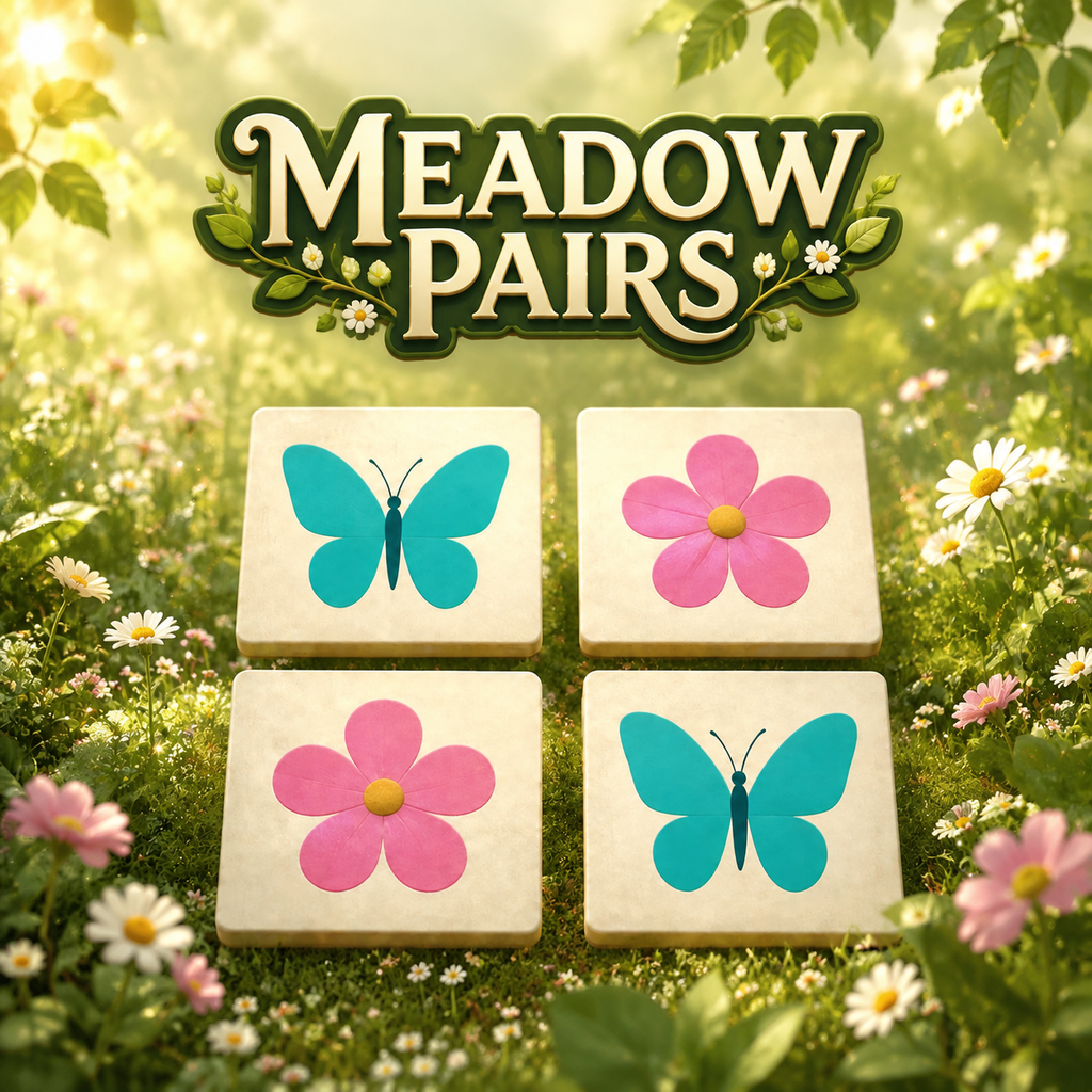 Meadow Pairs square promotional artwork with matching butterfly and flower cards in a lush green meadow