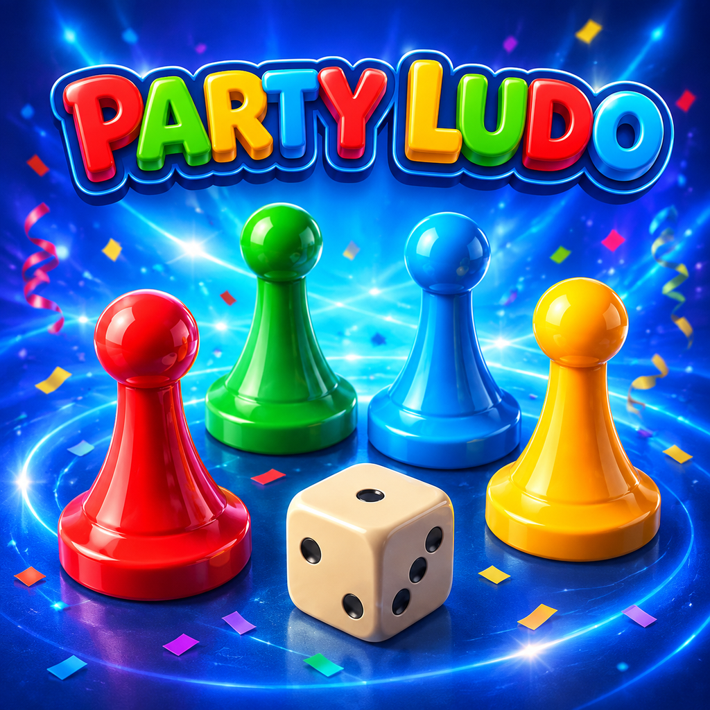 Party Ludo square promotional artwork with four colorful Ludo pawns and a die against an energetic blue backdrop
